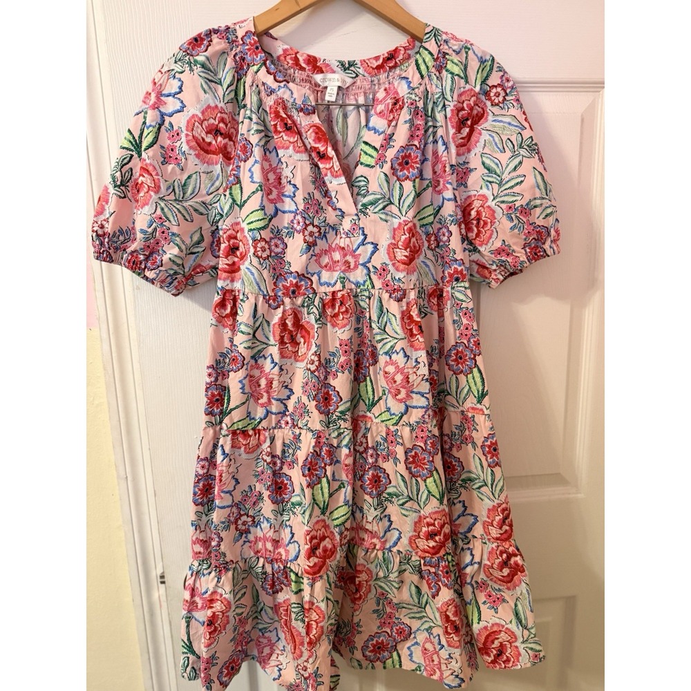 Crown & Ivy Pink Tropical Stitch Tiered Ruffle Dress Preppy- Size PS